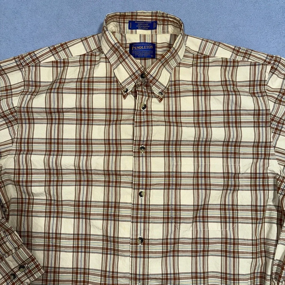 Pendleton Plaid Button Down Shirt Wrinkle Resistant Tan Brown Mens Size Large - Picture 7 of 11